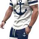 WDIRARA Men's 2 Piece Outfits Anchor Print Striped Tracksuits Short Sleeve T Shirt and Drawstring Shorts Sets (X-Large)