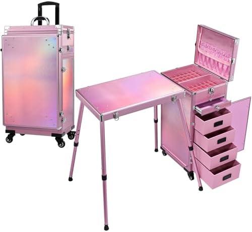 Joligrace Rolling Manicure Table 5 Drawers Foldable Nail Desk Cosmetology Case on Wheels Makeup Case with Brush Pouch for Technician Workstation Mobile Makeup Artist Trolley, Shiny Pink