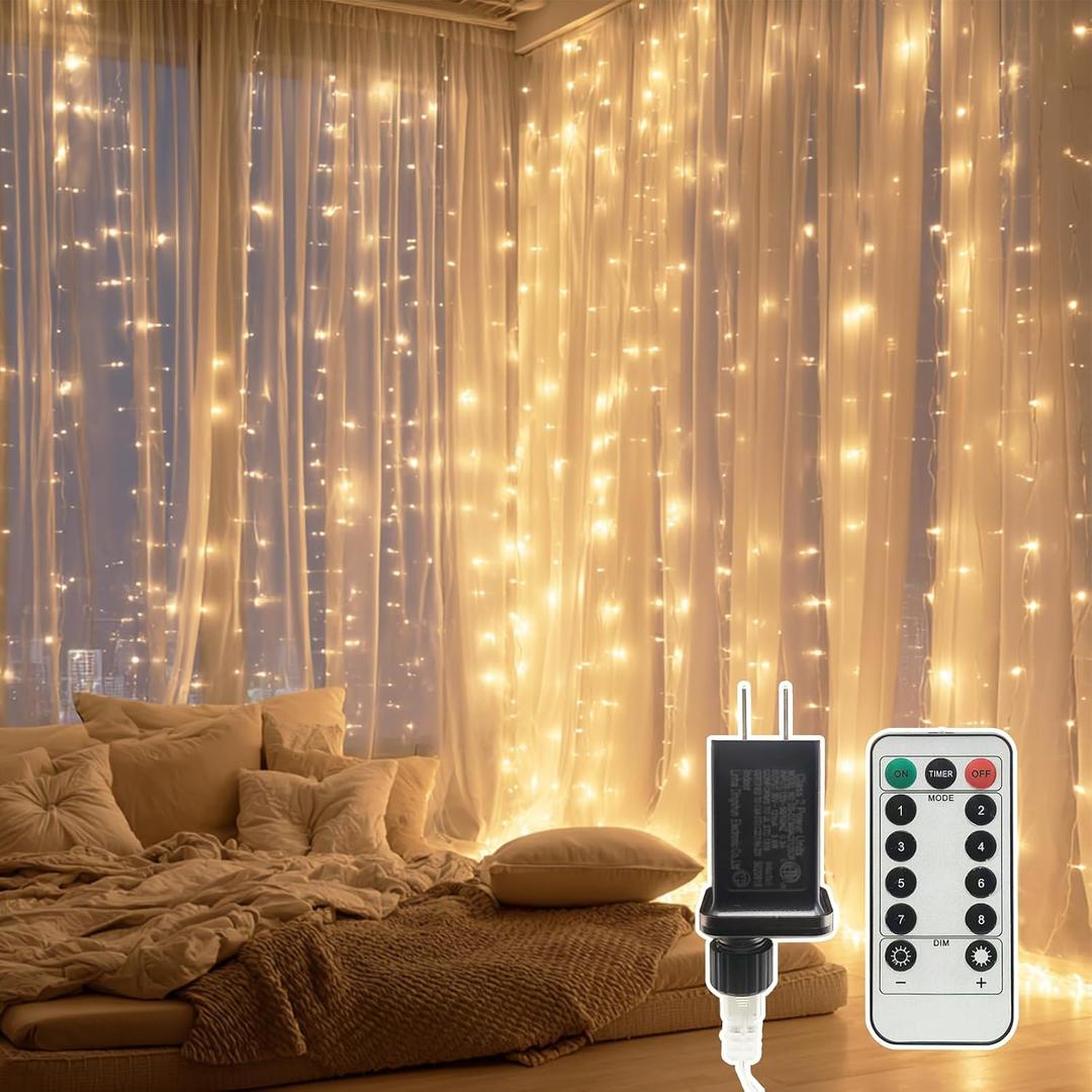 9.8x19.6Ft Curtain String Lights Plug in,600 Warm White LED Curtain Lights with Remote,Timer,Memory,Waterproof Clear Wire for Indoor Outdoor Bedroom Window Decor
