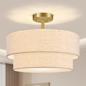 AUQUEE 16.5" Semi Flush Mount Ceiling Light, 3-Light Gold Ceiling Light Fixture with Linen Fabric Shade, Double Drum Modern Close to Ceiling Light for Bedroom, Hallway, Kitchen, Entryway, Dining Room