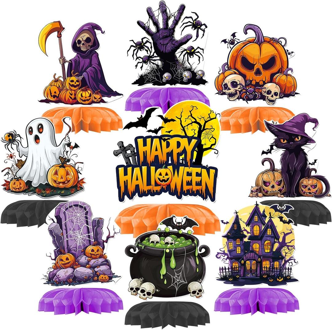 2 x 9Pcs Halloween Centerpieces for Tables Halloween Party Decorations Horror Theme Birthday Party 3D Honeycomb Centerpieces Fearful Pumpkins Ghosts Tombstones Skeletons Tabletop Ornament