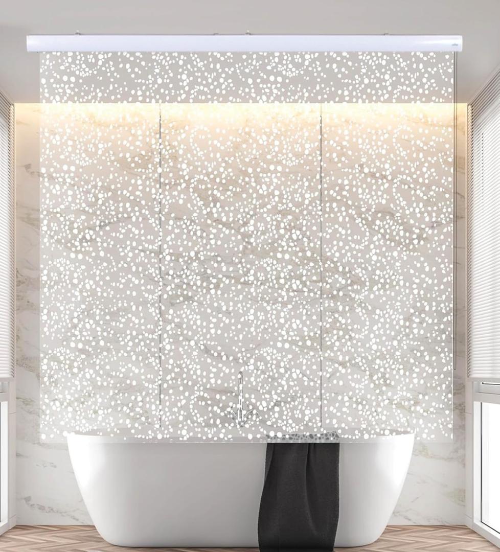 Ceiling Mounted Rollup Bathroom Shower Curtain/Liner 56" Base Up to 95" Long - Use for 9' Ceilings Waterproof PEVA Plastic Shower Curtains for Bathroom No Rod, Hooks or Rings (Sparkle)