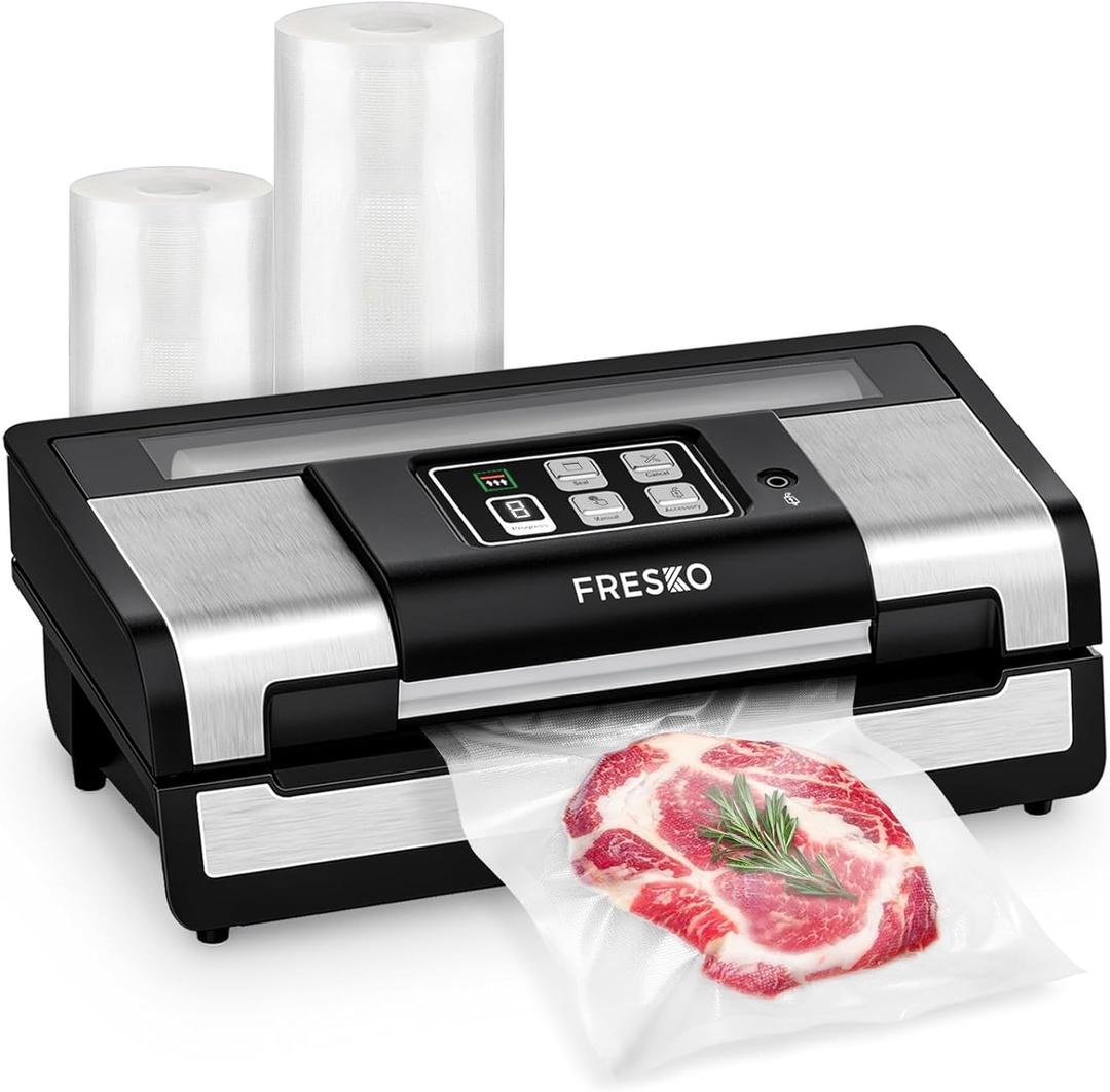FRESKO Commercial Vacuum Sealer Machine, 95Kpa Fully Automatic Food Vacuum Sealer, Dry & Moist Modes, with 2 Rolls Bag & Bulit-in Cutter, Black