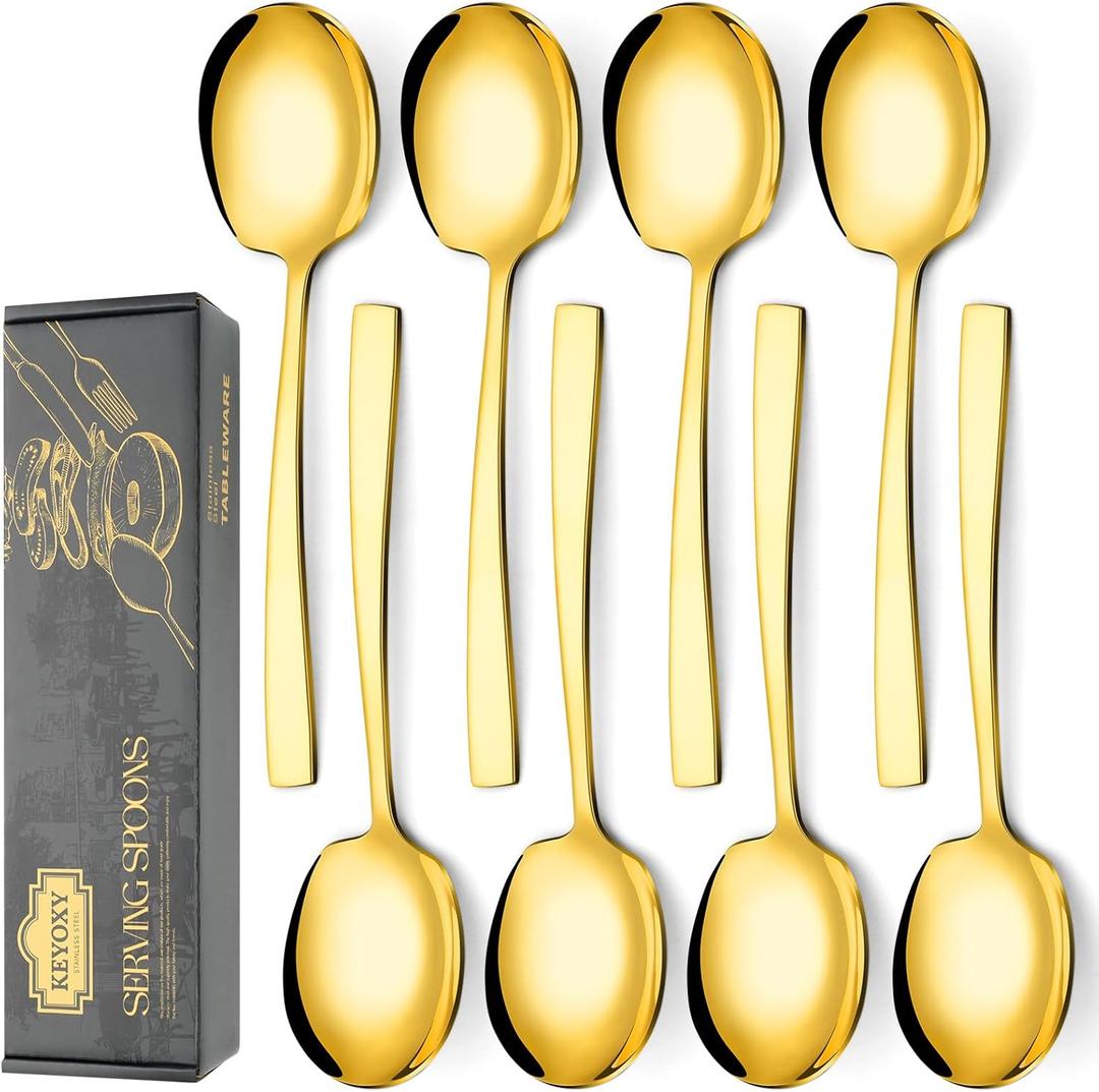 Gold Large Serving Spoons Set - 8 Pieces Stainless Steel for Parties, Kitchen, Buffet - 9.2-Inch, Dishwasher Safe