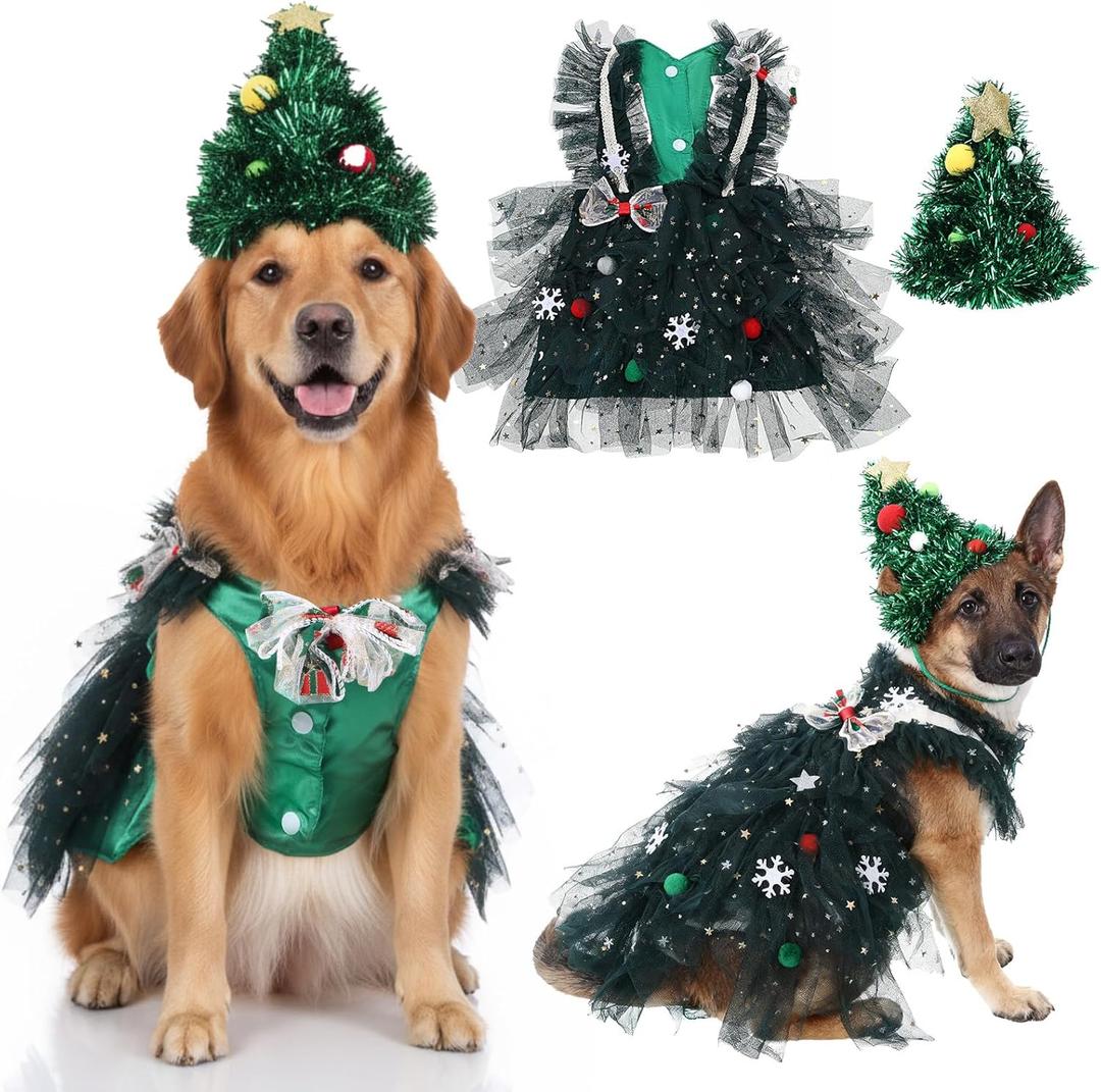 Dog Christmas Costume Cat Christmas Tree Outfit with Hat Dog Xmas Tulle Dress Cute Puppy Cosplay Party Clothes for Xmas Pets Dress Up Uniform New Year Holiday Cosplay Party(XL)