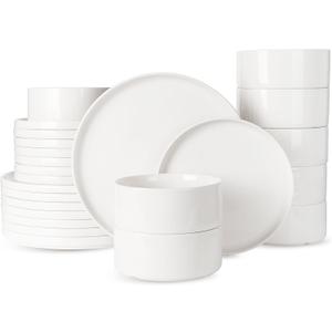 Famiware Porcelain Dinnerware Set, 24-Piece Modern Plate and Bowl Set, dish set for 8, Microwave and Dishwasher Safe Tableware, White
