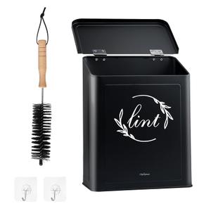 Magnetic Lint Bin for Laundry Room, Metal Lint Trash Can with Lid for Dryer, Wall Mounted Lint Holder Box with Lint Brush, Modern Farmhouse Laundry Room Decor, Black