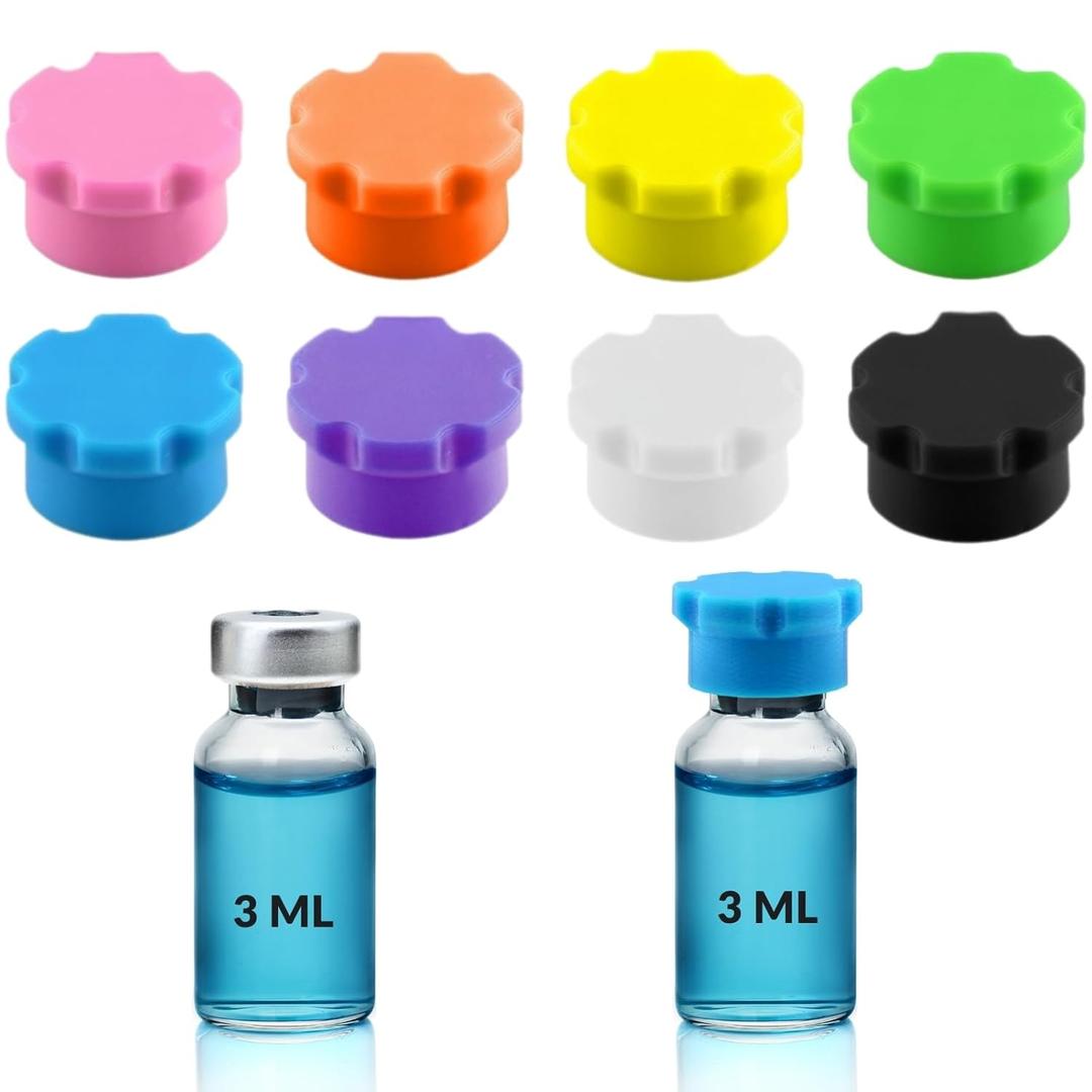 3ml Glass Vial Caps, Peptide Vial Caps, Silicone Protective Caps for 1ml 2ml 3ml Glass Vials, Reusable Vial Covers for Peptide Storage and Vial Boxes (8Pcs / 8Colors)