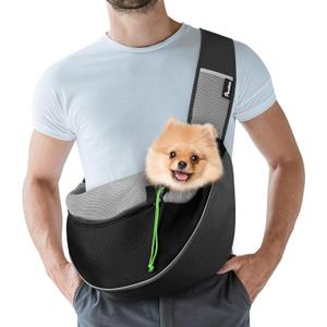 Pawaboo Pet Dog Sling Carrier, Hand Free Drawstring Dog Papoose with Adjustable Strap, Breathable Mesh Bag for Puppy Cat, Crossbody Satchel Dog Purse with Pocket for Outdoor Travel, Black, Large