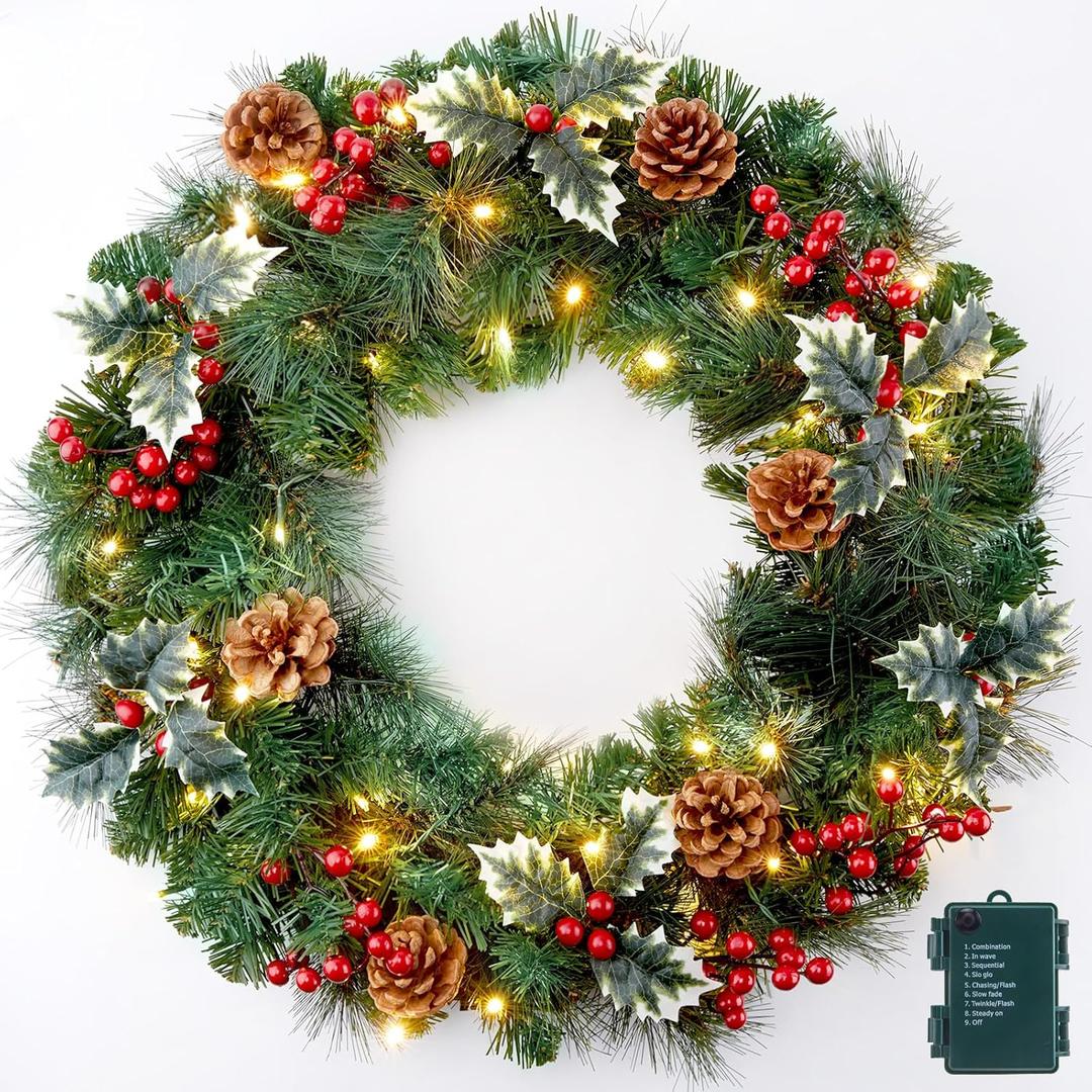 24 Inch Prelit Christmas Wreath for Front Door, Battery Operated LED Christmas Wreath with Pine Needles Branches Hari Leaves Red Berry Pine Cones, Lighted Wreath Wall Windows Decoration (H6802a-03)