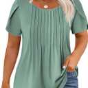 Womens-Plus-Size-Summer-Tops Trendy Petal Short Sleeve T Shirts Casual Crewneck Cute Flowy Pleated Blouses Tunics Tee (XXL)