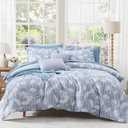 BLOOMHAVEN Queen Comforter Set -7 Pieces Blue Floral Comforter Set for All Seasons, Bed in a Bag Queen with Botanical Flowers Comforter, Sheets, Pillowcases & Shams