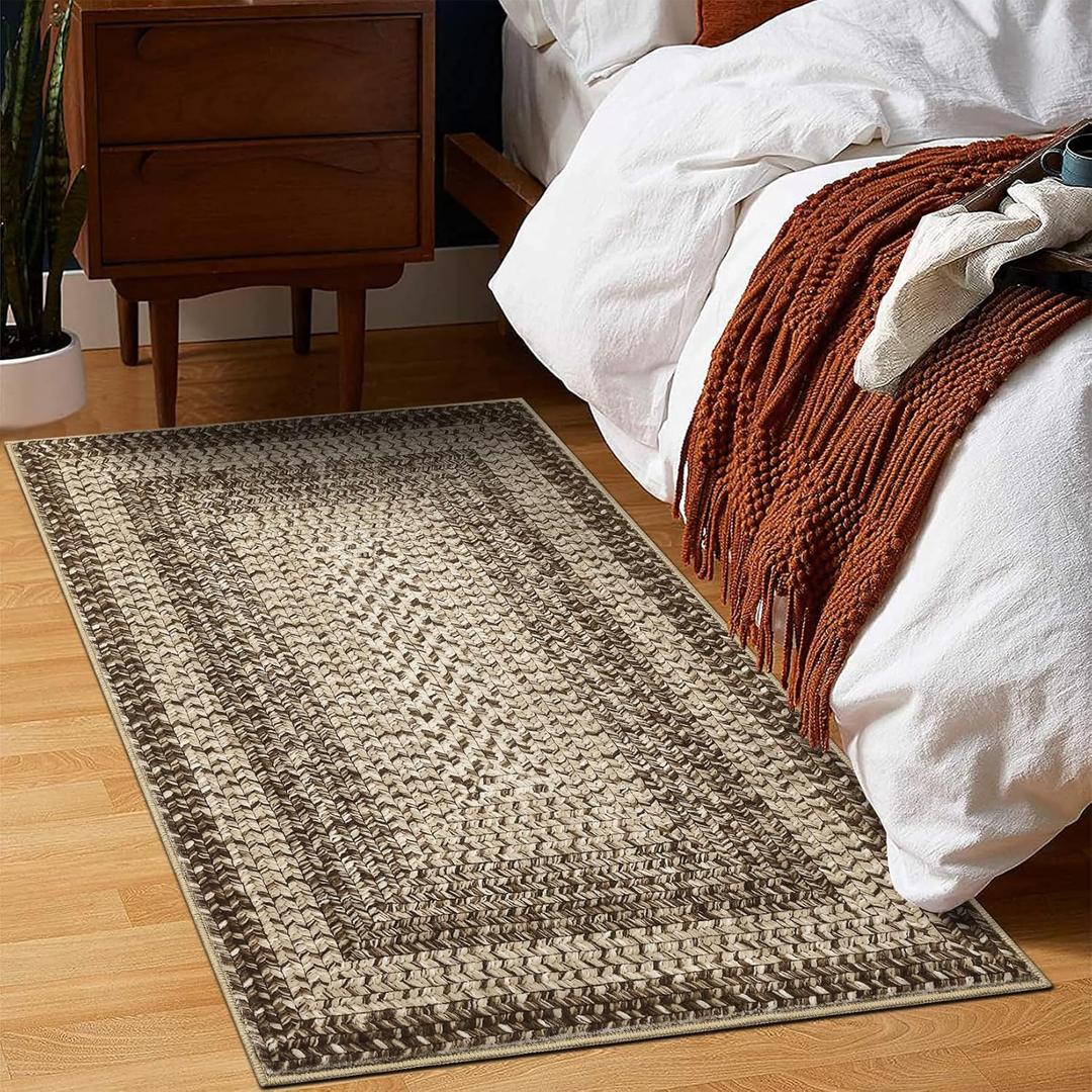 RUGSREAL Entryway Rug 2x3 Small Bedside Throw Mat with Rubber Backing Machine Washable Living Room Rug Non Slip Bathroom Mat Stain Resistant Braided Print Carpet for Dining Room Kitchen Hallway, Camel