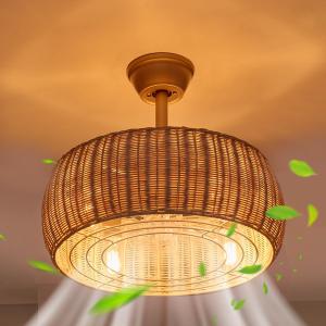 18" Rattan Caged Ceiling Fan with Lights Remote,4-Light Gold Boho Bamboo Rattan Chandelier Ceiling Fan with Light and Reversible Motor,Wicker Chandelier Fan for Bedroom, Living Room