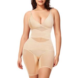 KUMAYES Shapewear Bodysuit for Women - Tummy Control Butt Lifter Fajas Body Shaper V-Neck Body suit Waist Trainer (Medium, Beige)