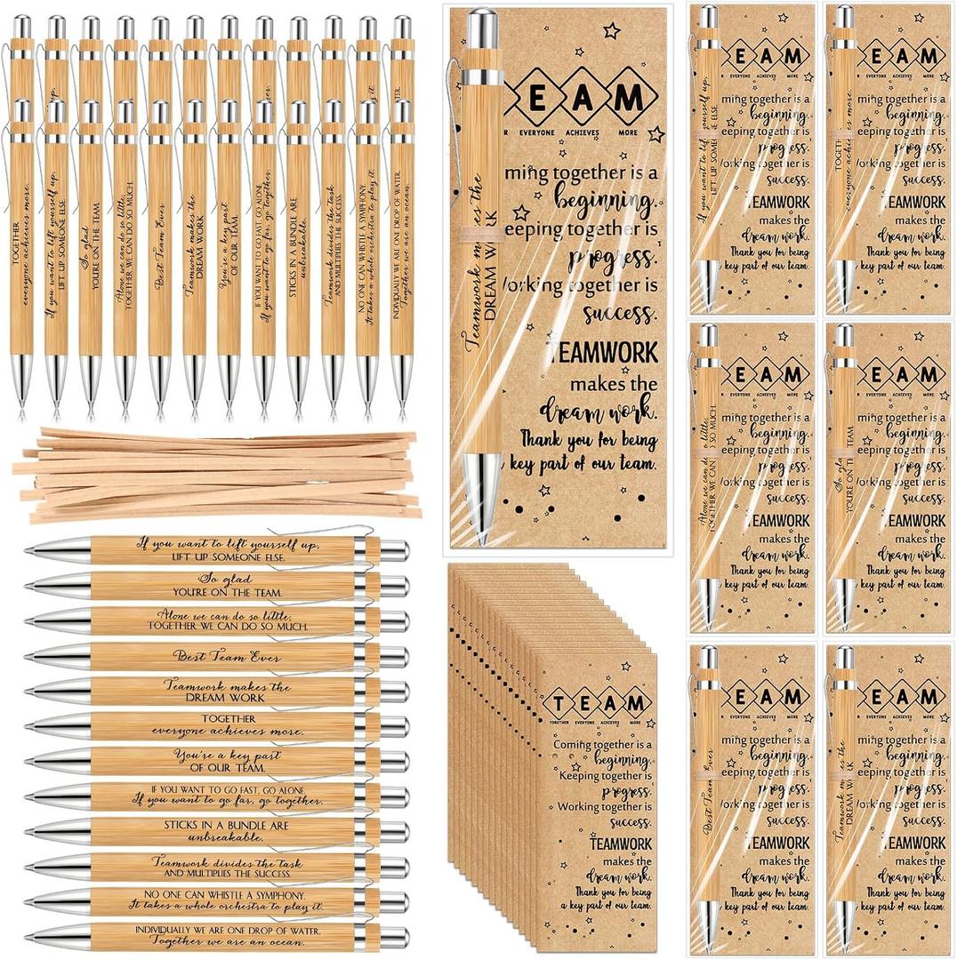 Sayglossy 48 Sets Team Gifts for Employees Coworkers Office Motivational Wood Bamboo Pen with Inspirational Cards for Staff Group Teacher School Nurse Assistant Gifts
