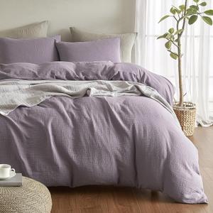 SE SOFTEXLY Muslin Duvet Cover Queen Size, 100% Washed Cotton Duvet Cover Set, Ultra Soft Comforter Cover Linen Like, 3 Pieces Minimalist Gauze Duvet Cover with 2 Pillowcases, 90"x90", Purple Grey