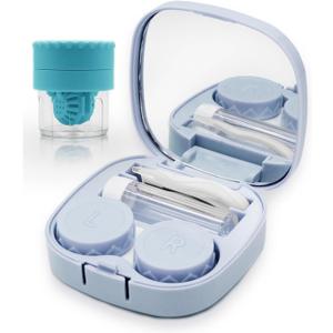 Contact Lens Case with Cleaner Washer, Travel Size Cute Colored Contact Lenses Applicator Removal Tool Kit with Mirror Solution Bottle for Daily Outdoor (Blue)