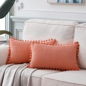 Fancy Homi Pack of 2 Coral Decorative Throw Pillow Covers 12x20 Inch with Pom-poms for Living Room Couch Bedroom, Soft Corduroy Peach Solid Lumbar Cushion Case 30x50 cm, Rustic Farmhouse Home Decor
