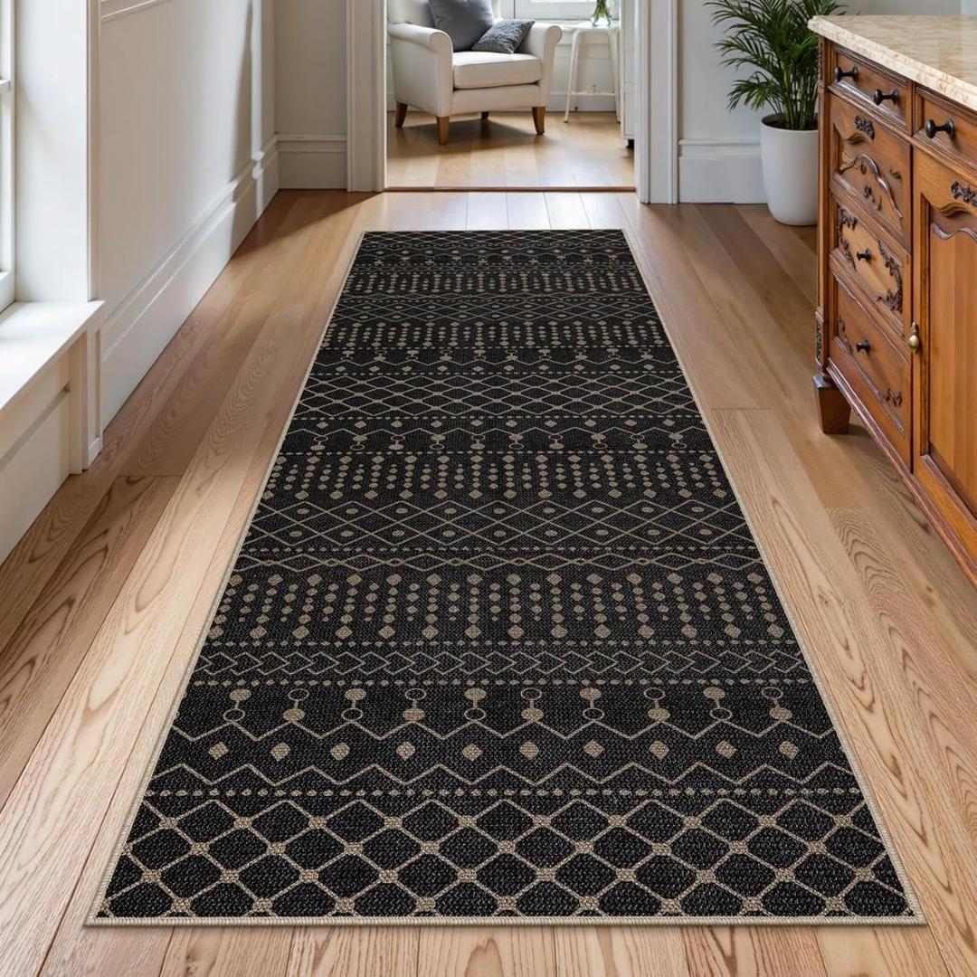 Lahome Washable Long Rug Runners for Hallways Non Slip, 2'6"x8 Jute Black Kitchen Runners Rug with Rubber Backing, Farmhouse Indoor Outdoor Runner Rugs, Moroccan Modern Carpet Runner for Entry Bedroom