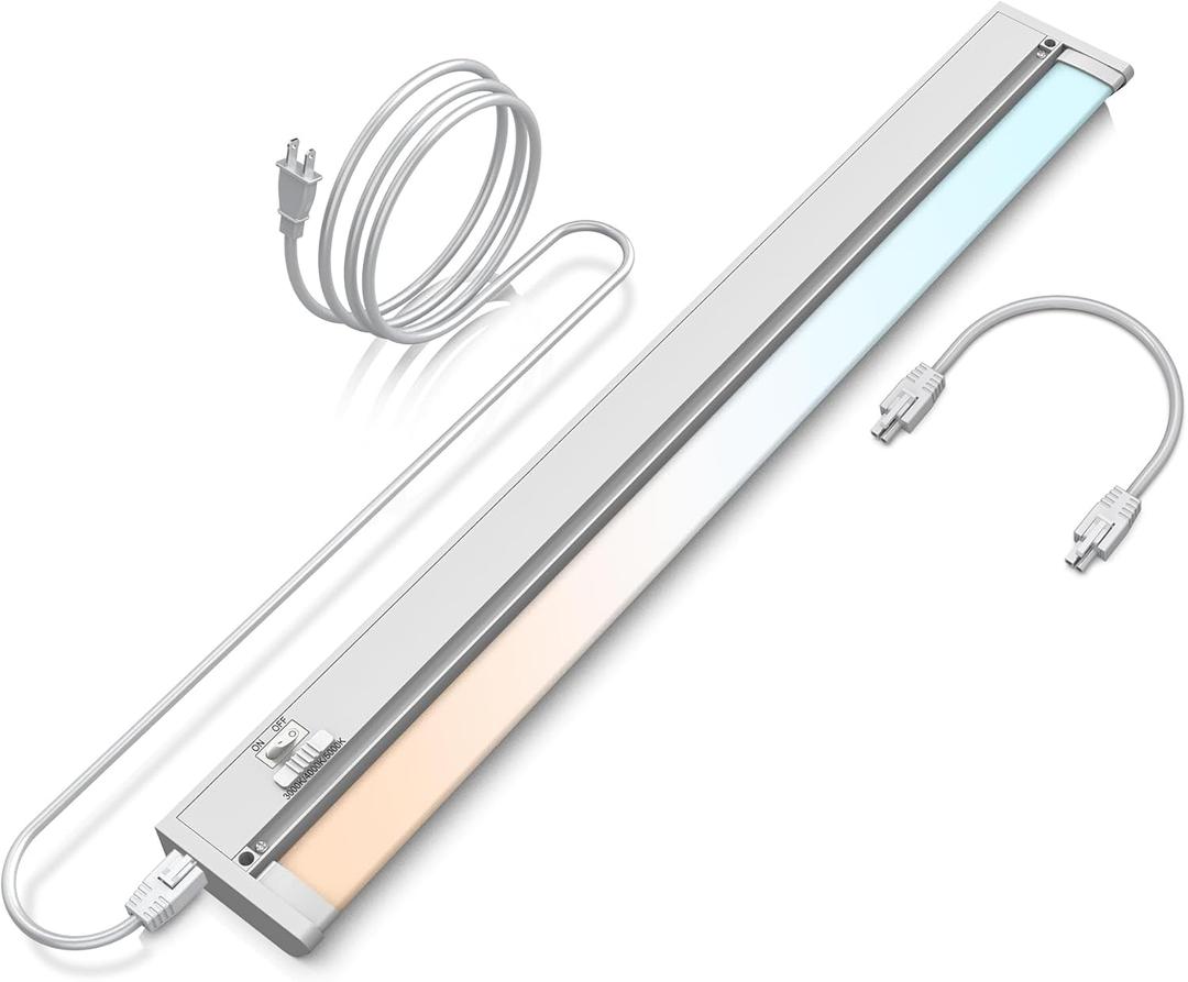 24" LED Under Counter Lights, 16W 1200LM, 3 Color Temperatures (3000K/4000K/5000K), Hardwired or Plug-in, 45 Rotatable, Connect Up to 10 Fixtures, Ideal for Kitchens and Offices