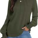 Funlingo Womens Long Sleeve Tops Fashion Fall Shirts Scoop Neck Pleated Ruffle Loose Tunic Tops Business Work Blouse (Green, S)