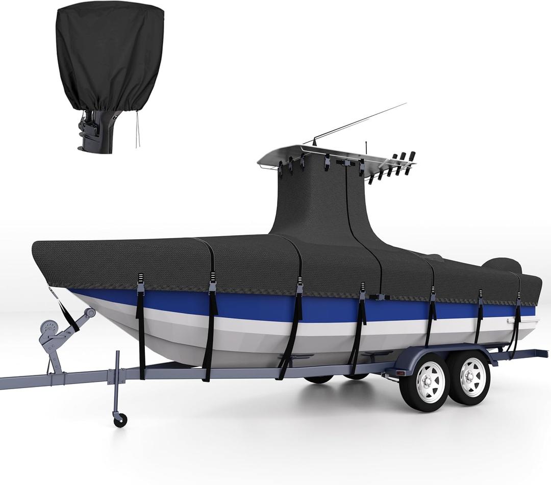 Heavy Duty Ture 900D T-Top Boat Cover 20ft - 22ft with Motor Cover, 100% Waterproof Solution-Dyed Center Console Boat with T Top Roof 20-22 Foot with Upgraded 17 Windproof Straps (Black)