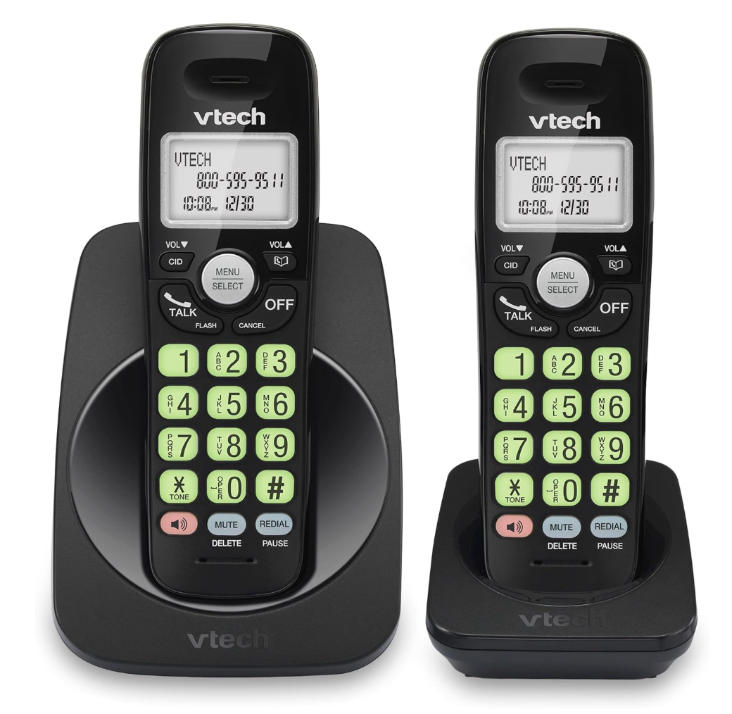 VTech 2Handsets Cordless Phone with DECT 6.0, FullDuplex Speakerphone, Lighted Display, Backlit Keypad, Caller ID/Call Waiting, Volume Control, Hearing Aid Compatible, Wall Mount | VG13121 (Black)
