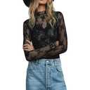 Sheer Mesh Long Sleeve Layering Top for Women Mock Neck Floral Lace Tshirt See Through Tee Shirt Blouse(Flower Black, Medium