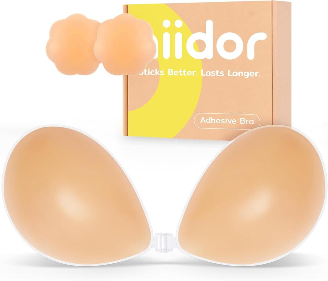 Niidor Adhesive Bra Strapless Ultra Sticky Invisible Push up Silicone Bra Multiple Colors Sizes Reusable for Backless Dress (Creme)