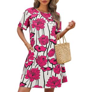 Wenrine Womens Summer Casual Floral Mini Dress Short Sleeve Pleated Front Loose Beach Tunic Dresses with Pockets (Medium, Rose Red)