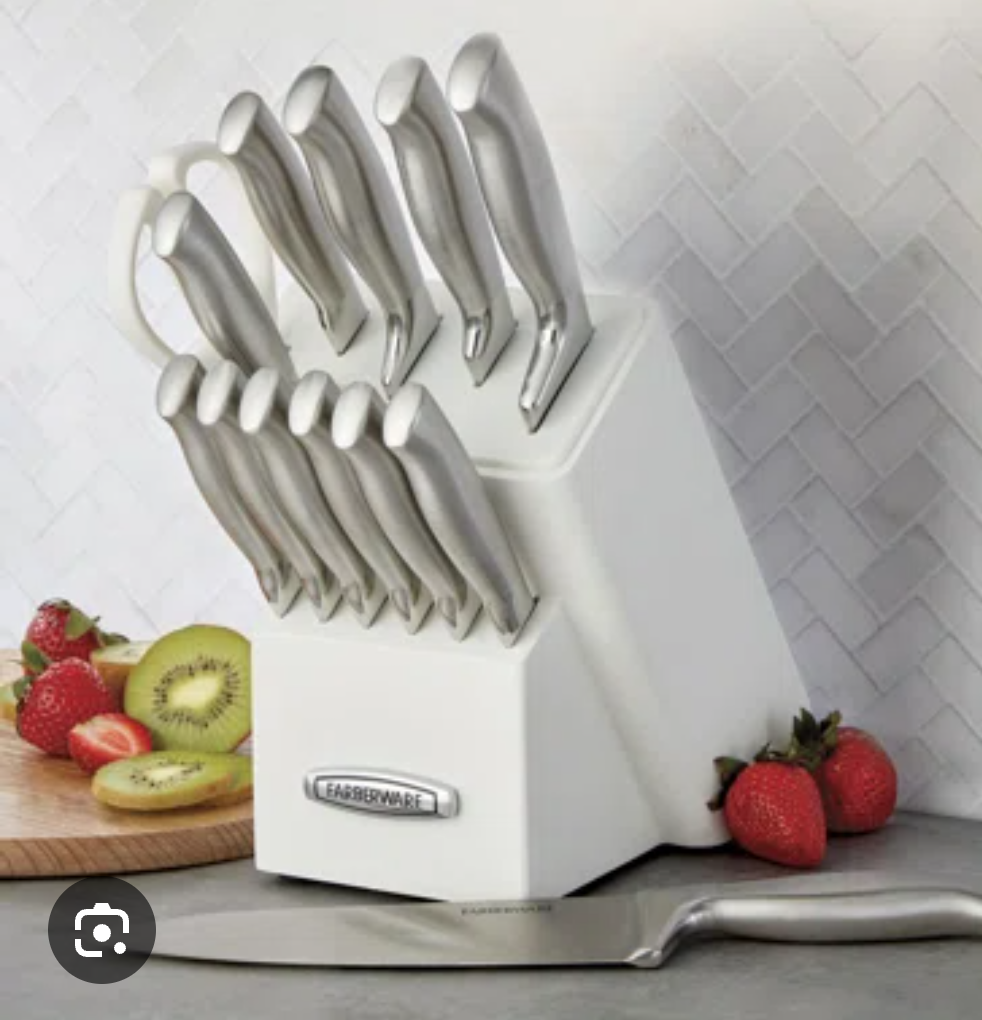 Farberware Self-Sharpening 13-Piece Knife Block Set with EdgeKeeper Technology, High Carbon-Stainless Steel Kitchen Knives, Razor-Sharp Knife Set with Wood Block, White 