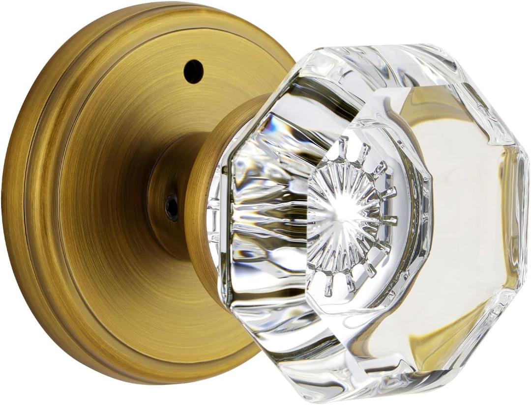 Antique Brass Door Knobs Glass Door Knobs Interior with Lock, Vintage Crystal Privacy Octagon Door Knobs for Bedroom Bathroom
