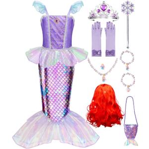 Meland Mermaid Dress - Little Mermaid Costume with Bag for Girls, Princess Dress Up for Birthday Gift, Halloween Costume (Purple, 5-6 Years)