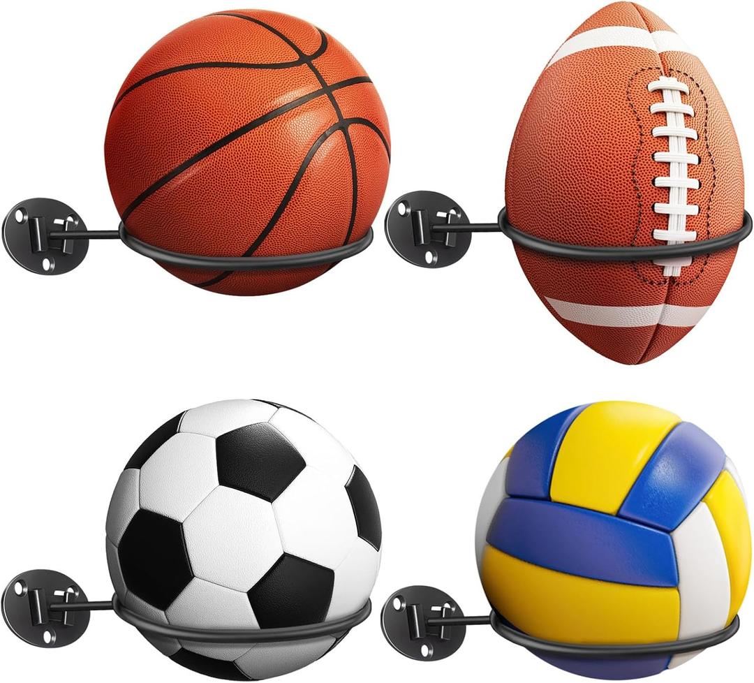 Basketball-Holder Wall Mount, Football Holder Space Saving Ball Storage Rack, Durable Wall Mounted Ball Organizer for Basketball, Football, Volleyball, Soccer Balls, Garage, Kids Room (4 Packs)