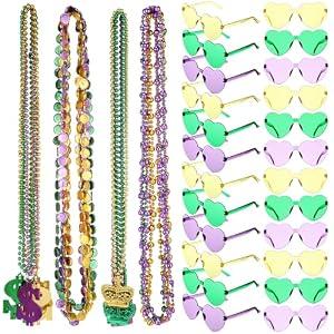 Ferreve 48 Pcs Mardi Gras Party Favors Set Includes 24 Mardi Gras Bead Necklaces Mardi Gras Accessories 24 Heart Shaped Sunglasses Gifts for Mardi Gras Costumes Carnival Parade Decorations