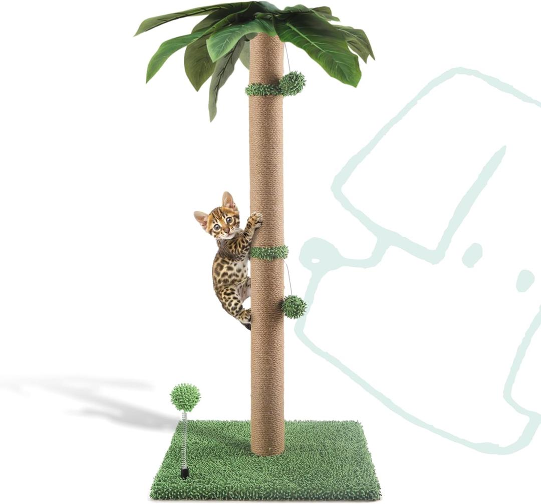 Cat Scratching Post, 34'' Tall Cat Scratchers for Indoor Cats with Hanging Balls, Tall Cute Sisal Kitten Scratch Post with Reinforced Stable Base, Green, Medium
