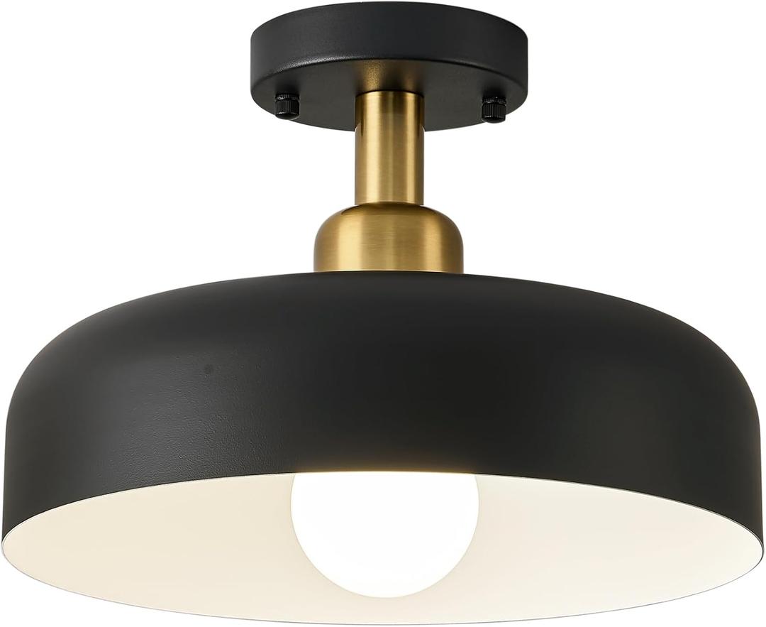 Modern Semi Flush Mount Ceiling Light,Mid Century Hallway Ceiling Light Fixture,E26 Ceramic Lamp Head,Black and Gold Light Fxiture Ceiling for Kitchen Entryway Bedroom Hall Entry (12.6 in)