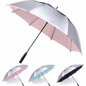 MRTLLOA Extra Large Golf Umbrella, 54/62/68/72 Inch Automatic Open, Oversize Double Canopy Vented Windproof Waterproof Sports Umbrellas for Rain (Silver/Pink)