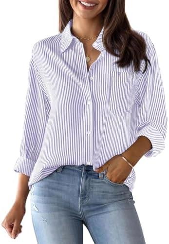 Striped Button Down Shirts for Women Cotton Dress Shirts Long Sleeve Collared Blouses Work Business Casual Tops Large