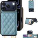 OCASE Compatible with iPhone 17 Pro Max Crossbody Wallet Case with Card Holder, PU Leather Zipper Handbag Phone Purse with RFID Blocking Kickstand Wrist Strap Lanyard 6.9 Inch, Diamond Check Blue