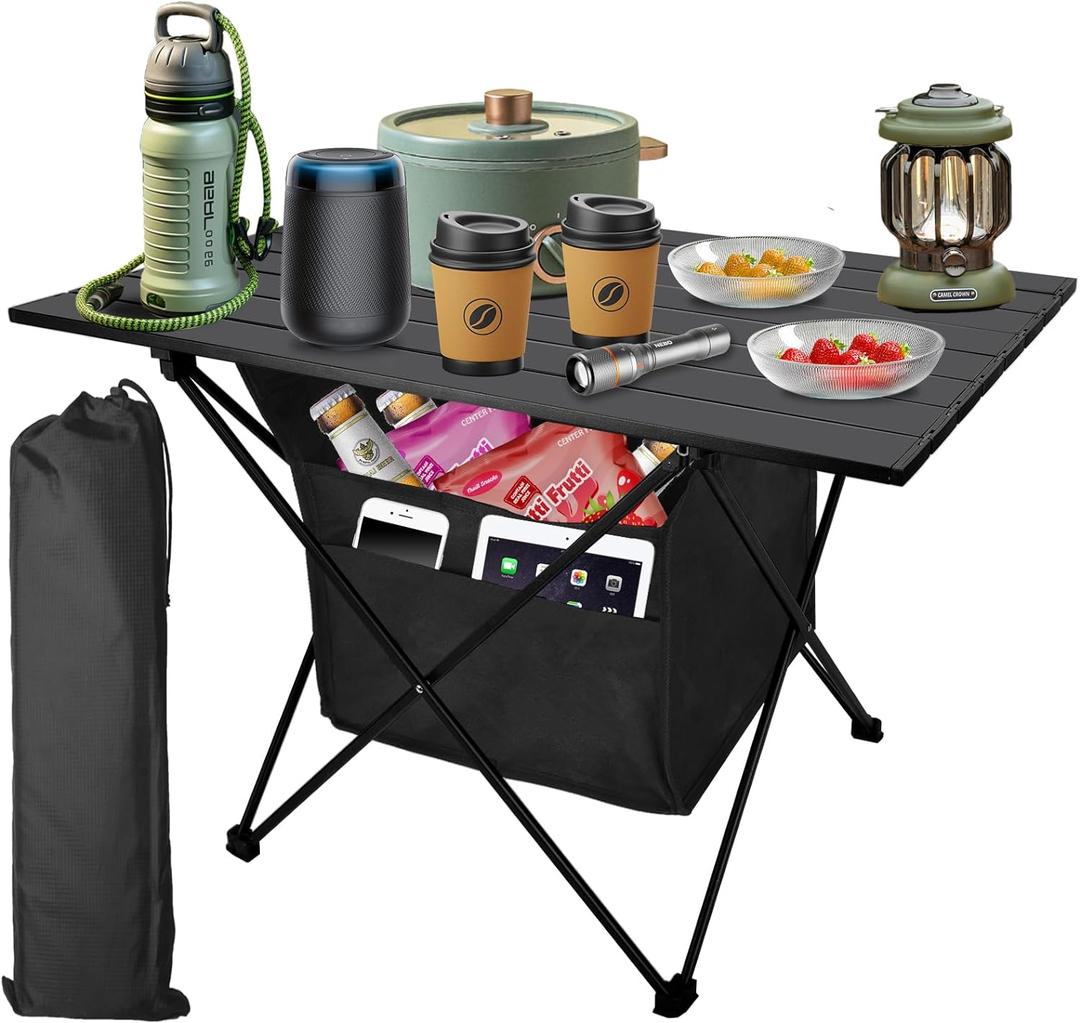 Foldable Camping Side Table, Ultralight Small Beach Table Aluminum, Portable Outdoor Table with Carry Bag and Storage for Picnic, Grill, Hiking, Fishing, Sand, Camping Essentials(L)