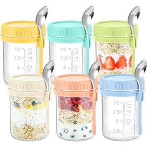 DRKIO 6 Pack Overnight Oats Containers with Lids and Spoons 16 Oz Glass Mason Jars for Overnight Oats Leak Proof Oatmeal Container Great for Cereal Fruit Vegetable Milk Salad Yogurt Meal Prep