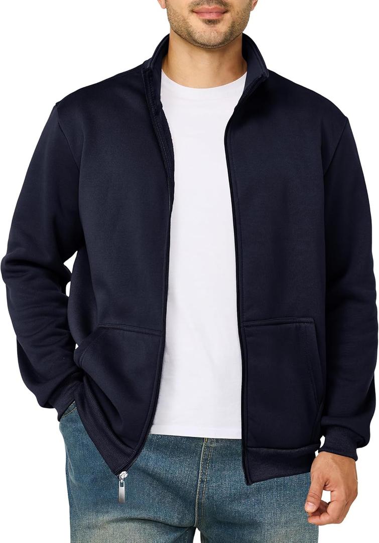 Men's Fleece Jacket Casual Zip up Lightweight Sweatshirts Athletic Outdoor Sweater Jackets with Pockets (Large, Navy Blue)
