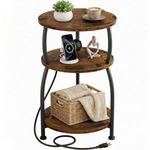 Round Side Table with Power Outlet, USB Type C Port, 3-Tier End Table | 15.7 in Nightstand for Small Spaces, Tall Side Table with Charging Station for Sofa Couch, Living Room Bedroom, Garden, Brown, 15.7''Dia with Power Strip