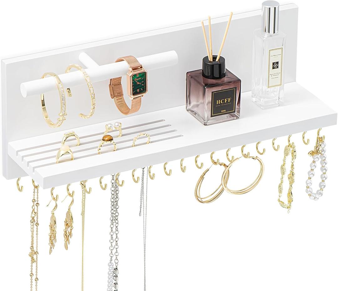 HappyHapi Hanging Jewelry Organizer Necklace Organizer Jewelry Hanger with 36 Hooks,Wall Mounted Jewelry Organizer for Necklace Earrings and Rings (White) (White)