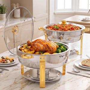 7QT Round Chafing Dishes for Buffet, 2 Pack Gold Chafer Set
