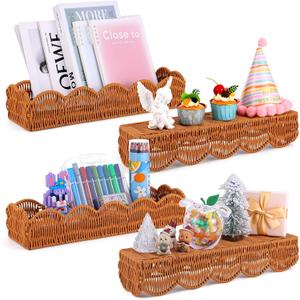 4 Set Scalloped Wall Basket Shelf Nursery Classroom Book Shelves for Wall Rattan Shelf Woven Floating Shelves Boho Farmhouse Decor Scalloped Shelves Book Display Toy Storage