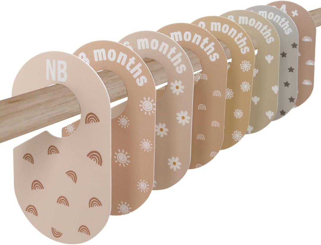 Baby Closet Divider, Baby Wardrobe Organizer, Double-Sided Minimalist Cute Design, Nursery Decor Clothes Hanger Dividers for Sorting 8 Sizes from Newborn to 12+ Months (Beige)