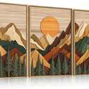 Celestdeco Large Woodcut Style Mountain Framed Canvas Wall Art Set, Woodsy Rustic Ridge Wall Decor, Boho Pine Tree Forest Wall Painting, Abstract Sunrise Wooden Art Print for Living Room, Bedroom, Office - 24"X36"X3(Not-3D Effect)